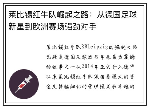 莱比锡红牛队崛起之路：从德国足球新星到欧洲赛场强劲对手